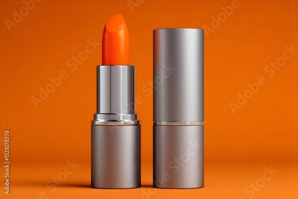 Fototapeta Bright orange lipstick stands out against a vibrant orange background in a modern display