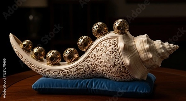 Obraz Ornate Carved Seashell with Golden Spheres on a Blue Velvet Cushion