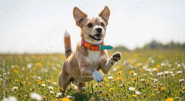 Obraz Playful Dog Leaping Through Wildflower Meadow with Colorful Collar