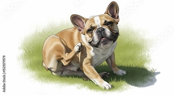 Obraz Playful French Bulldog Itching on Green Grass with Happy Expression