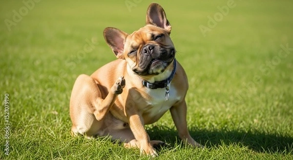 Obraz Playful French Bulldog Itching on Green Grass with Closed Eyes and Collar