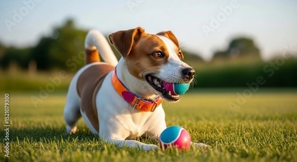 Obraz Playful Jack Russell Terrier with Ball on Green Grass in Sunlight