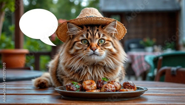 Obraz A cat in a straw hat sits outside with cutlets on a plate and an empty speech bubble
