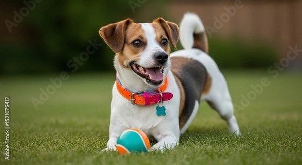 Obraz Playful Jack Russell Terrier with Colorful Collar and Ball on Green Grass