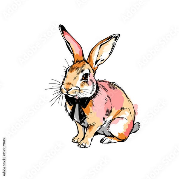 Obraz Cute drawn rabbit with bow tie on white background for playful design