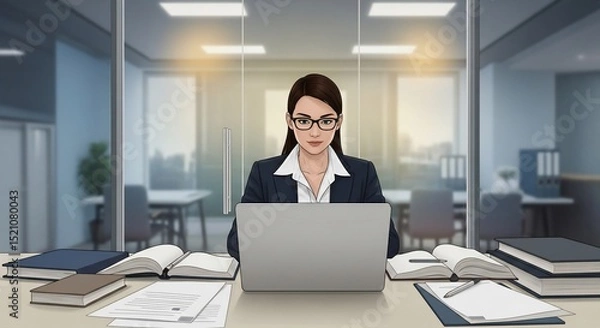 Obraz Professional Woman Working at Desk with Laptop and Books in Office Setting