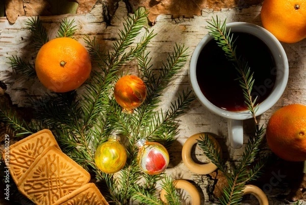 Fototapeta Winter mood - time for hot tea. Still life- fir branches are a symbol of the New Year