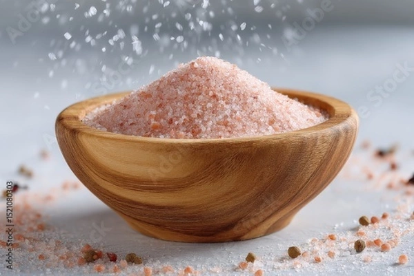 Fototapeta Pink salt piled in a wooden bowl surrounded by scattered grains on a light surface