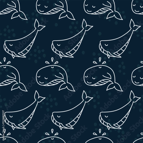 Fototapeta Seamless dark pattern with sperm whales and whales. Print for textile, wallpaper, covers, surface. Retro stylization. For fashion fabric. Sea life pattern