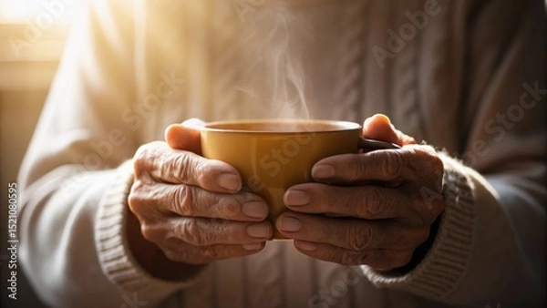 Fototapeta A person holding a steaming cup, showcasing warm, textured hands in soft light, suggesting comfort and relaxation.