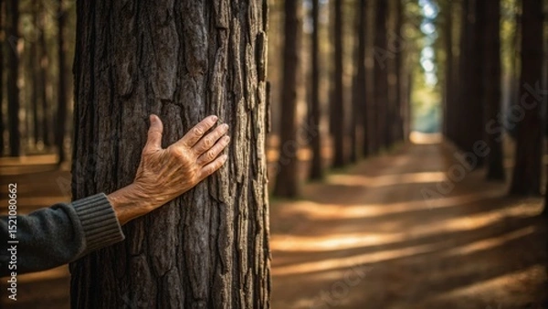 Fototapeta An elderly hand rests gently on a tree trunk in a sunlit forest, illustrating a connection with nature amidst tall trees and soft shadows.