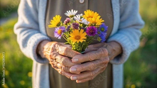 Fototapeta A person holds a colorful bouquet of wildflowers in their hands, showcasing textures and details of aged skin against a natural background.