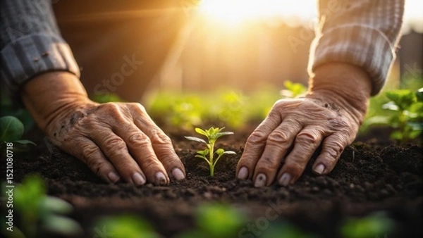 Fototapeta Hands gently plant a young seedling in rich soil, illuminated by warm sunlight, symbolizing growth and nurturing in nature.