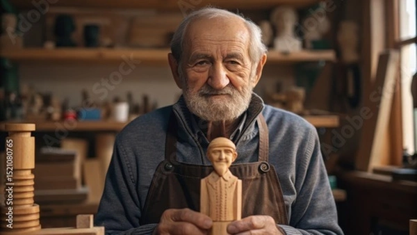 Fototapeta An elderly artisan holds a wooden figurine in a workshop filled with handcrafted sculptures and tools, showcasing traditional craftsmanship.