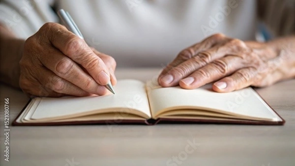 Fototapeta A person writes in a notebook, showcasing hands with a pen on an open page, emphasizing the act of writing and creativity.