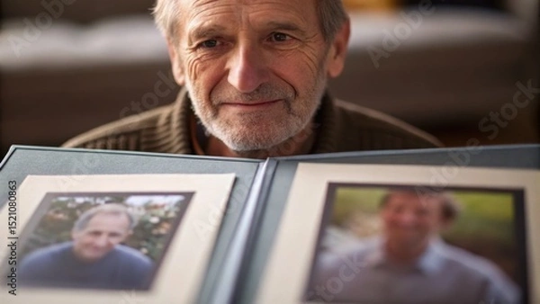 Fototapeta An elderly man smiles while holding a photo album featuring images of friends or family, reflecting nostalgia and cherished memories.