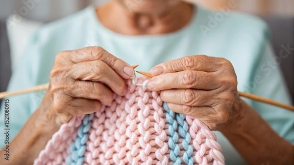Fototapeta A person is knitting with colorful yarn, showcasing hands and the intricate pattern of the fabric being created.