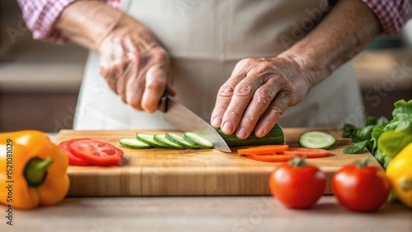 Fototapeta A person with wrinkled hands slices fresh vegetables on a wooden cutting board, showcasing a vibrant array of colors and a homey kitchen atmosphere.