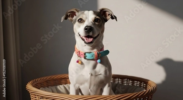 Obraz Smiling Dog in Basket with Colorful Collar and Playful Sunlight