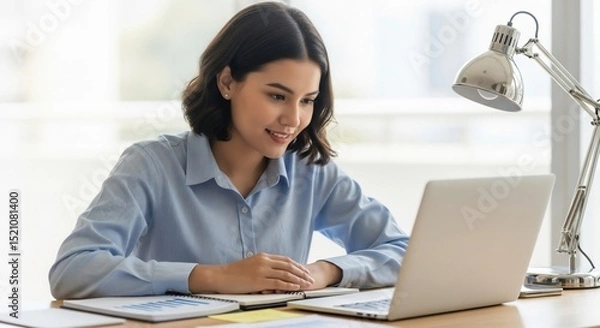 Obraz Smiling Woman Working on Laptop at Desk with Lamp and Notebooks
