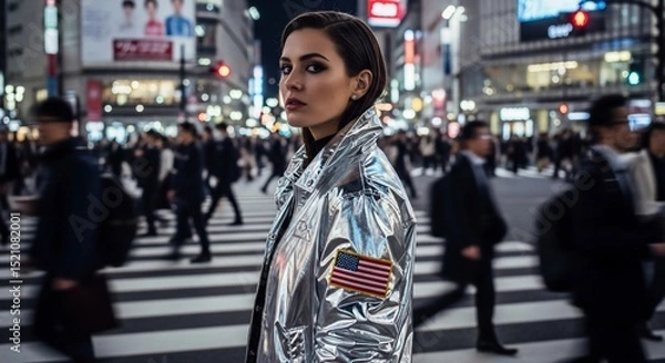 Obraz Stylish Woman in Silver Jacket with American Flag in Busy City at Night