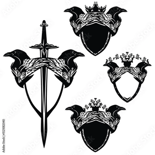 Obraz two raven birds head and wing with heraldic shield, king crown, knight sword and rose flowers - medieval style fantasy coat of arms vector design set