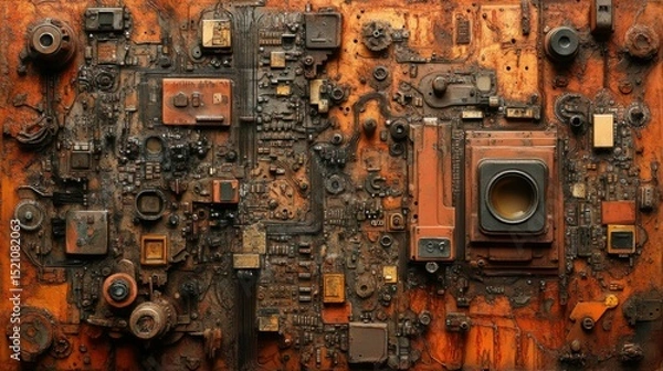 Fototapeta Abstract composition of rusted electronic components and circuit boards creating a textured artwork