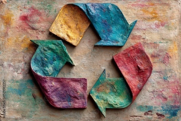 Fototapeta Artistic representation of recycling symbol made from textured materials in vibrant colors on a wooden background