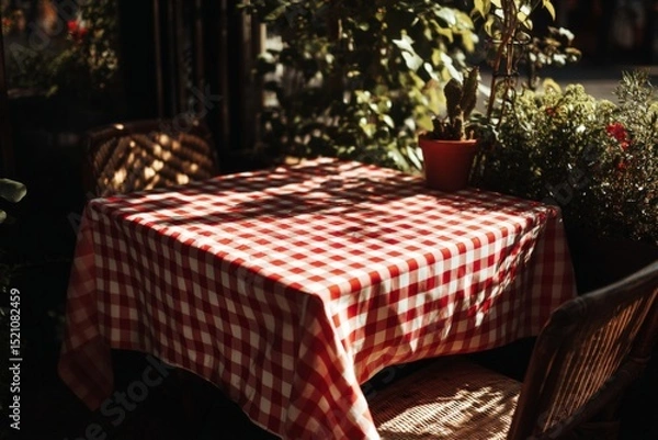 Fototapeta Rustic outdoor table with checkered tablecloth surrounded by plants in afternoon sunlight