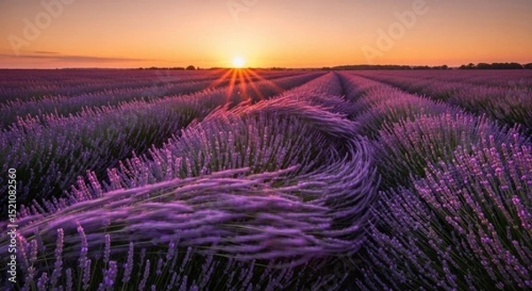 Obraz Sunset over Lavender Field with Swirling Motion and Sunbeams