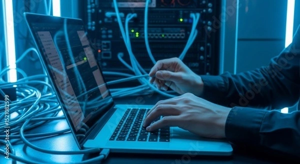 Obraz Technician Working on Laptop in Server Room with Blue Lighting and Cables