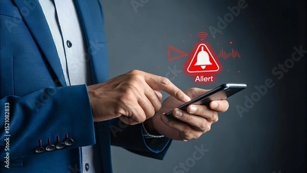 Fototapeta Corporate man handling emergency alert notification on mobile phone, concept of warning message, cyber threat monitoring, digital security breach, urgent system error, and risk management