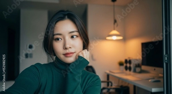 Obraz Thoughtful Woman in Green Turtleneck with Soft Lighting and Desk Background