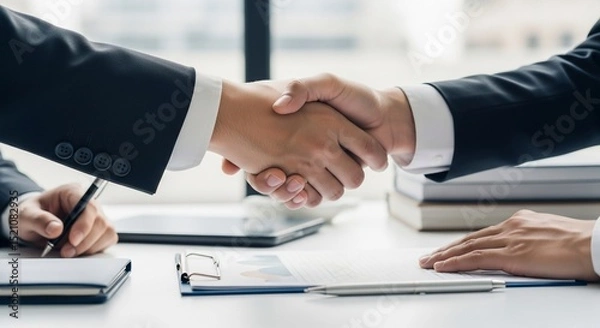 Obraz Two Businessmen Shaking Hands, Symbolizing Agreement and Successful Partnership Deal.
