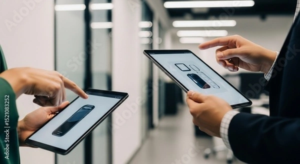 Obraz Two People Interacting with Tablets Displaying Product Design Concepts in Modern Office