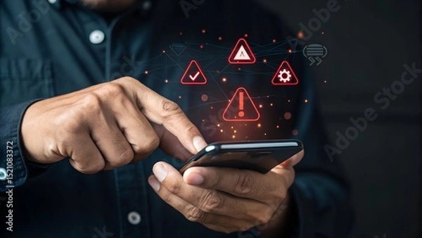 Fototapeta Corporate man handling emergency alert notification on mobile phone, concept of warning message, cyber threat monitoring, digital security breach, urgent system error, and risk management