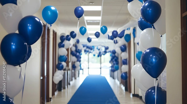 Fototapeta Blue and white balloons adorn a festive party, scattered on both tables and the floor for a vibrant celebration