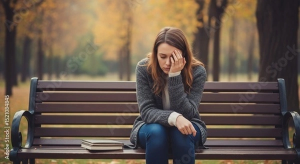 Obraz Woman in Park with Head in Hand, Overwhelmed by Sadness and Grief
