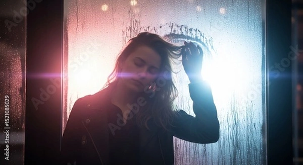 Obraz Woman in Silhouette Touching Hair with Lens Flare and Water Droplets