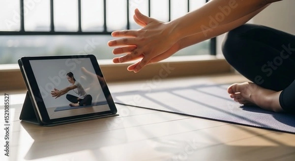 Obraz Woman Practicing Yoga Online, Following Tutorial on Tablet, Hands Extended
