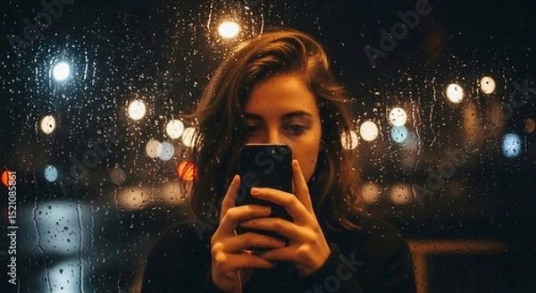 Obraz Woman Using Phone Behind Rainy Window with Bokeh Lights at Night