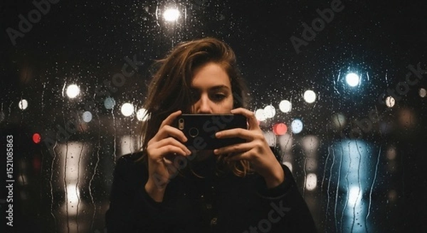 Obraz Woman Taking Photo Through Rain-Streaked Window at Night with Bokeh Lights