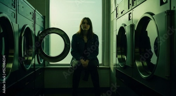 Obraz Young Woman in a Laundromat, Contemplative and Surrounded by Machines