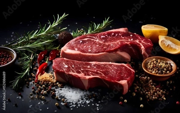 Fototapeta Fresh steak with spices on dark backdrop