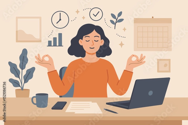 Fototapeta Mindful employee meditating at office desk for stress relief, focus, and productivity. Work-life balance, mental well-being, calm at work concept. Businesswoman practicing yoga. Vector.