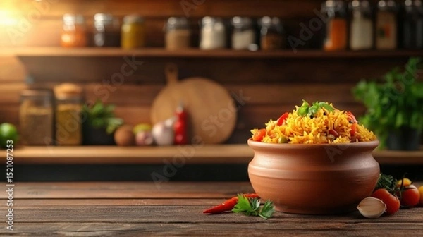 Obraz Delicious rice dish in a rustic kitchen setting. AI-generated.