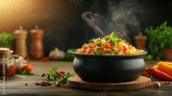 Obraz Steaming pot of flavorful rice dish with fresh herbs and vegetables. AI-generated.