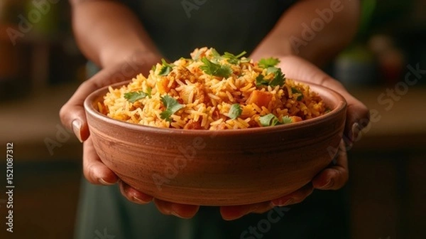 Obraz Delicious rice dish served in a rustic bowl held by hands. AI-generated.