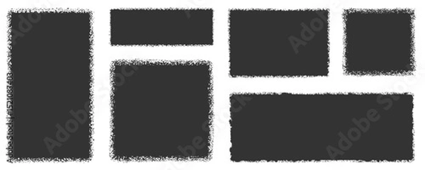 Fototapeta Black grunge vector text box frames in rectangular and square shapes. Sand texture strokes. Black paint stamps on a transparent background, featuring a grunge sketch effect. Vector graphic