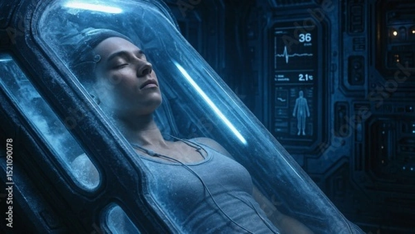Fototapeta Female astronaut wearing sensors is sleeping in a cryosleep chamber during a long space voyage to another planet, monitored by digital displays